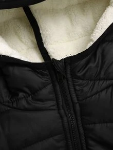 SHEIN 青少年女孩黑色冬季抓絨內裡連帽前開襟拉鍊加厚夾棉外套 - 黑色 - 查看 5