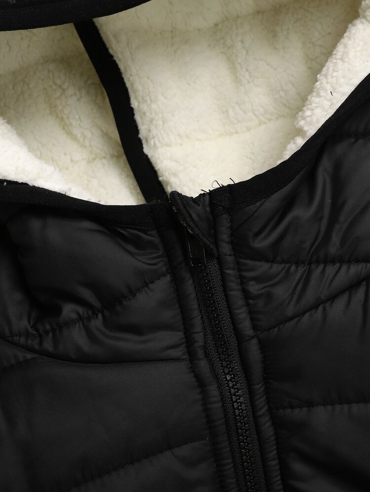 SHEIN Tween Girl Black Winter Fleece Lined Hooded Zipper Front Padded Jacket Winter Coat - Black - View 5