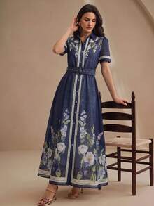 Anewsta Spring/Summer Navy Blue Premium Position Print Shirt-Style Tie-Front Short Sleeve Long Dress For Women - Navy Blue - View 4