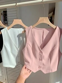 Comfortcana 3件組女款夏季純色V領單排扣背心西裝外套（秋冬款） - 粉色 - 查看 5