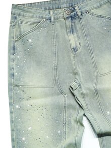 Manfinity EMRG Men's Streetwear Retro Washed Rhinestone Design Straight Leg Denim Jeans - Light Wash - View 4