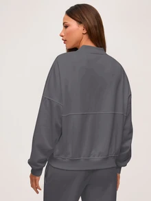 SHEIN BASICS 休閒純色針織立領長袖寬鬆女款夾克 秋冬服飾 - 深灰色 - 查看 2