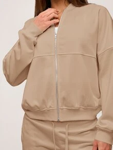 SHEIN BASICS 休閒純色針織立領長袖寬鬆女款夾克 秋冬服飾 - 杏色 - 查看 6