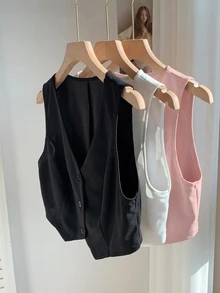 Comfortcana 3件組女款夏季純色V領單排扣背心西裝外套（秋冬款） - 粉色 - 查看 3