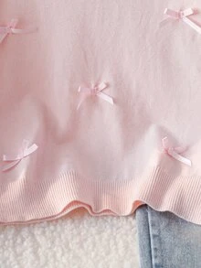 SHEIN 8-12歲女孩淺粉色圓領寬鬆落肩短版針織毛衣，滿版3D緞面蝴蝶結裝飾長袖套頭上衣，柔軟甜美，適合校園、外出、拍照，春秋穿著 - 粉色 - 查看 4
