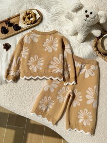 SHEIN 女嬰秋冬花卉提花針織套頭毛衣套裝 - 卡其色 - 查看 2