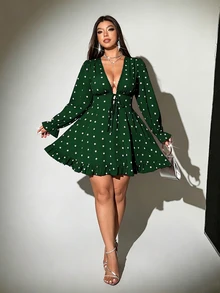 Viva Relle 大尺碼女款波點深V領前綁帶性感洋裝 - 綠色 - 查看 4