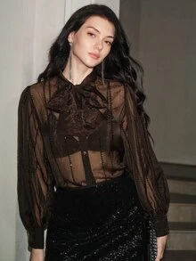 Anewsta Blus lengan panjang model puff semi-transparan warna cokelat kopi untuk musim gugur, dilengkapi tali pengikat dan pita, cocok untuk kencan, pesta, acara kumpul-kumpul, dan pemakaian sehari-hari untuk wanita. - Coklat - View 6