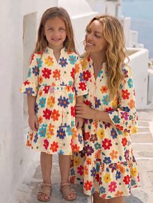 Emery Rose Kids Emery Rose Kids 少女編織立領花卉休閒洋裝 - 彩色 - 查看 6