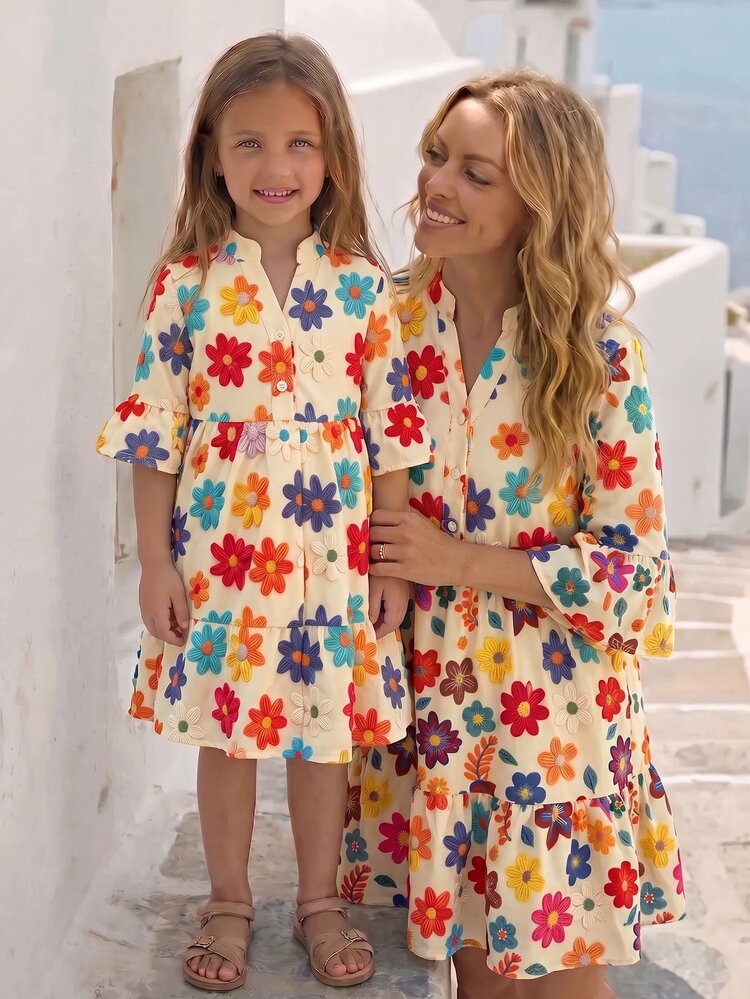 Emery Rose Kids Emery Rose Kids Young Girl Woven Stand Kids Collar Floral Casual Dress - Multicolor - View 5