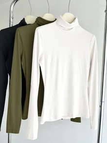 SHEIN BASICS 3件組純色針織小高領直肩長袖修身女款內搭上衣 - 彩色 - 查看 7