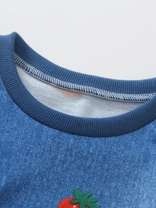 SHEIN Elladie kids 女童 2 件組草莓印花仿牛仔休閒套裝，包含運動衫 + 喇叭褲，兒童春夏秋冬休閒套裝 - 藍色 - 查看 5