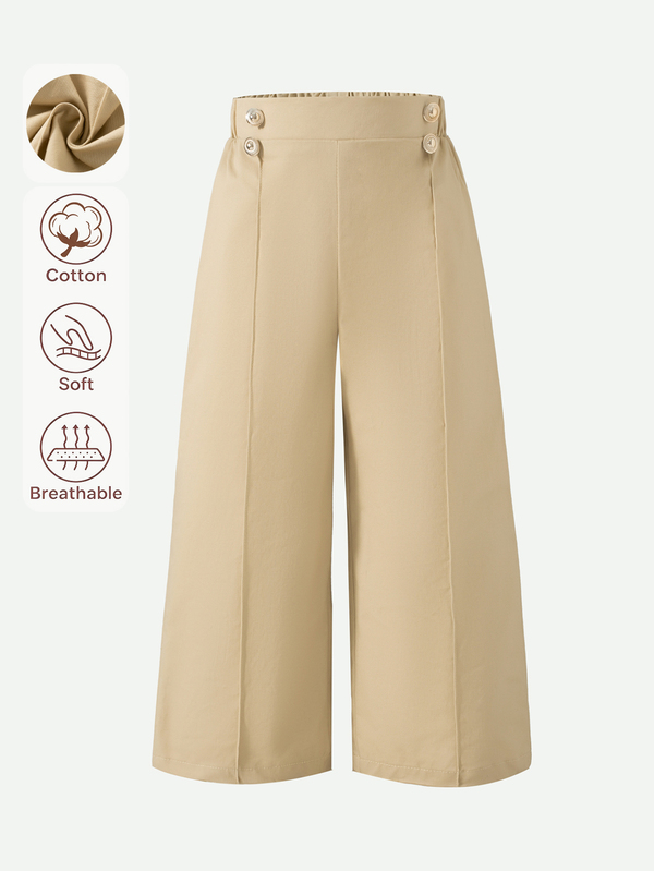 SHEIN Girls Khaki High Waist Wide Leg Capri Pants, Side Pearl Button Decor, 3D Pleated Draping Smooth, Toddler Stylish Suit Pants, Daily Versatile Leg-Straightening, Spring Autumn Casual Elegant Children Straight Leg Pants