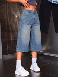SHEIN ICON 女款時尚鈕扣口袋寬鬆牛仔七分褲 - 藍色 - 查看 2
