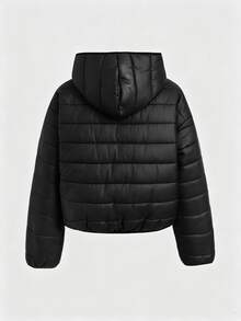 SHEIN 青少年女孩黑色冬季抓絨內裡連帽前開襟拉鍊加厚夾棉外套 - 黑色 - 查看 2