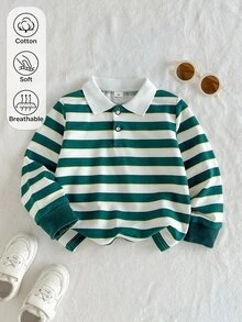 SHEIN 小男孩休閒牛仔復古極簡韓風時尚翻領鈕扣POLO領白色長袖衛衣上衣 秋季生日 - 彩色 - 查看 1