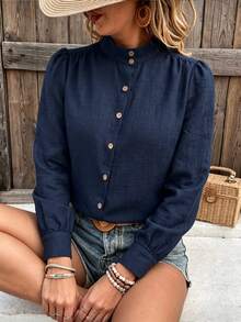 EMERY ROSE Autumn New Loose Casual Fashion Solid Color Plus Size Shirt, Daily Outing Outfit Fall - Blue - View 5