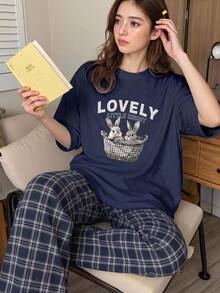 SHEIN 青少年女孩/大童女孩深藍色T恤配格紋直筒長褲睡衣套裝，居家休閒服，適合秋冬穿著 - 藏蓝色 - 查看 3