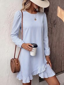 SHEIN LUNE Vacation Casual Striped Ruffle Hem Dress - Multicolor - View 5