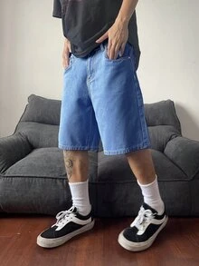 Manfinity Hypemode 男士大尺碼夏季休閒牛仔短褲 - 中等水洗藍 - 查看 3