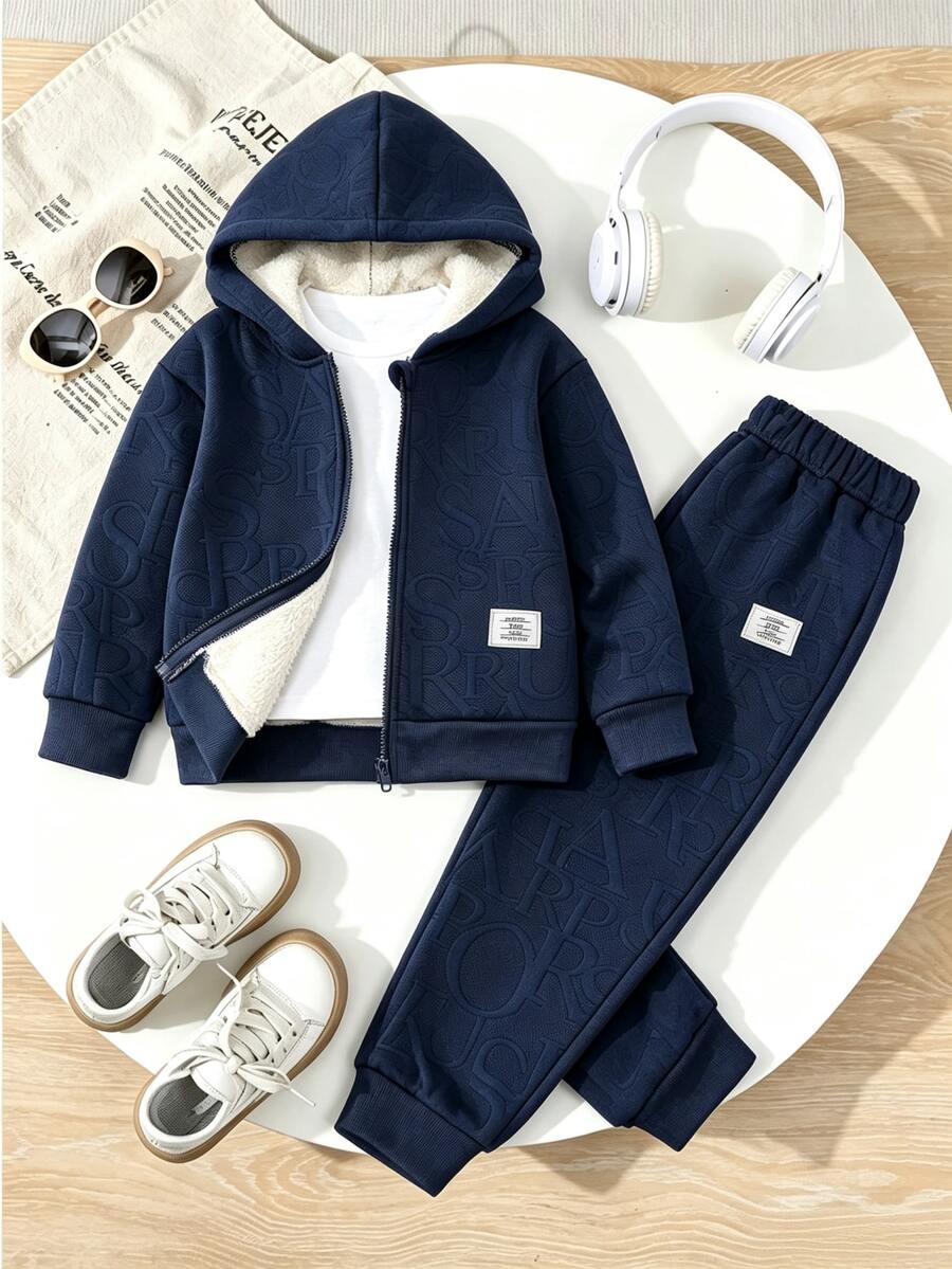 SHEIN Playful Pals 2件組海軍藍小男孩休閒拼接純色長袖舒適抓絨內裡拉鍊外套與長褲套裝,適合秋冬日常休閒戶外穿著 - 藏蓝色 - 查看 1