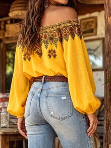 Linhara CURVE Women's Plus Size Off-Shoulder Printed Long Sleeve Blouse, Casual Commute Pastoral Top, Autumn/Winter Shirt Fall - Yellow - View 2