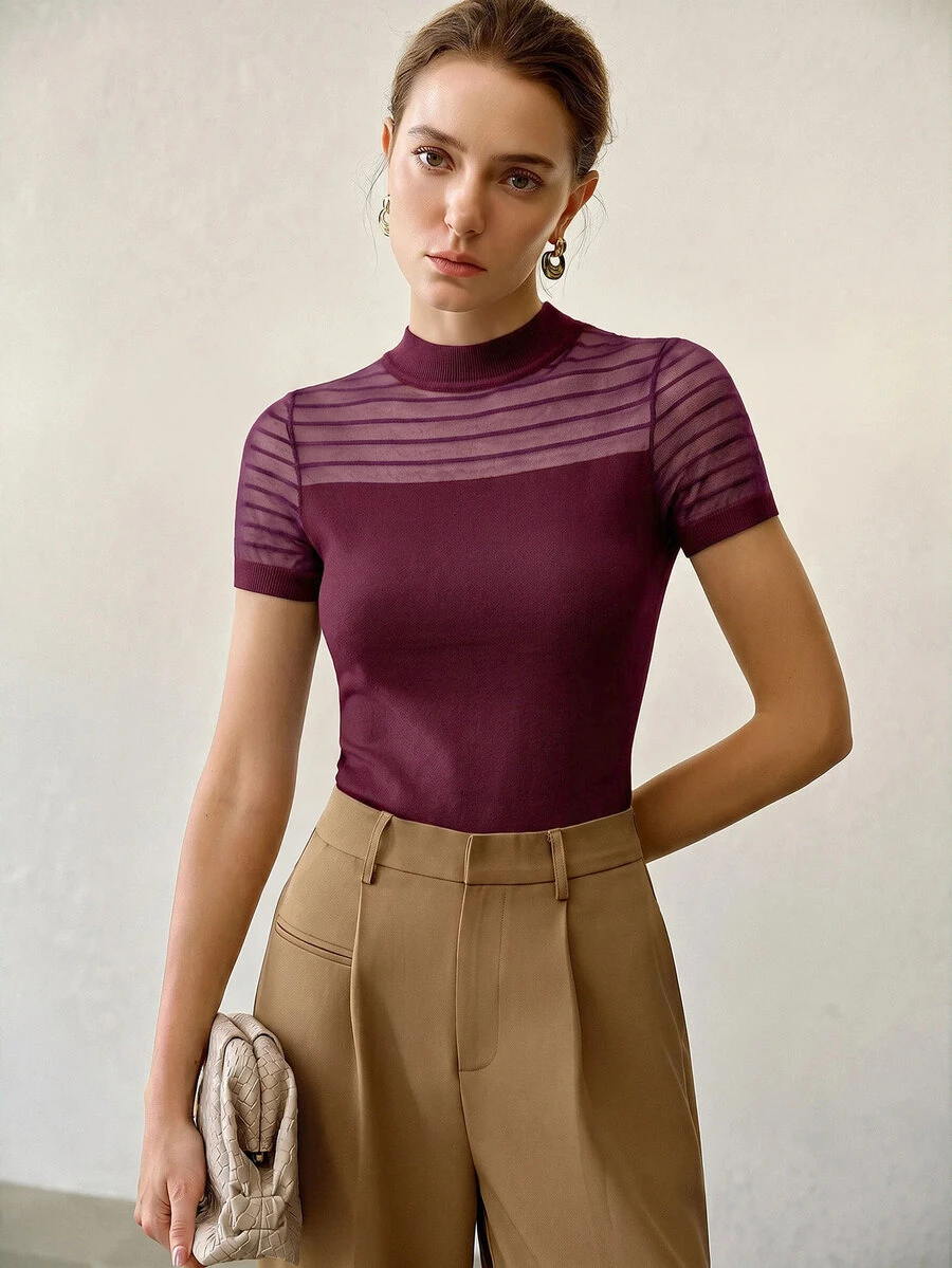 MOTF PREMIUM WOMEN'S CONTRAST MESH SHORT SLEEVE KNIT TOP - Purple - View 1