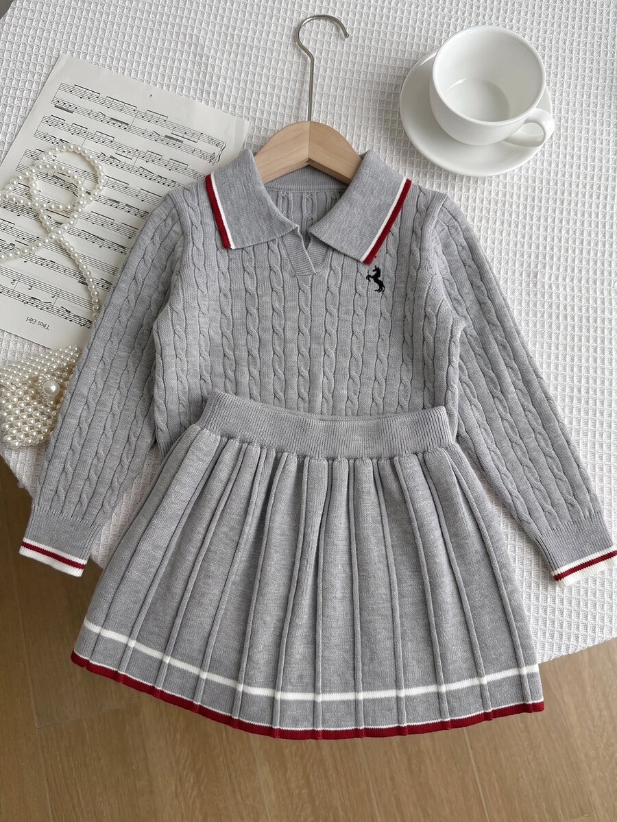 SHEIN Girls' Autumn Preppy Embroidered Turn-Down Collar Cable Knit Sweater & Contrast Trim Pleated Skirt 2 Pieces Set - Light Grey - View 1