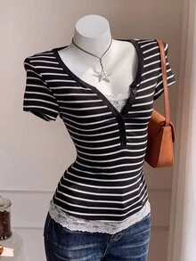 Comfortcana Women's Lace Patchwork Striped Button Half-Placket T-Shirt - Black - View 3