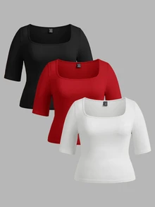 SHEIN BASICS 3件裝休閒純色針織方領短袖修身大尺碼T恤 - 彩色 - 查看 1