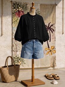 Rusticease Blus Kasual Liburan Ukuran Besar Warna Polos Lengan Lentera - Hitam - View 3