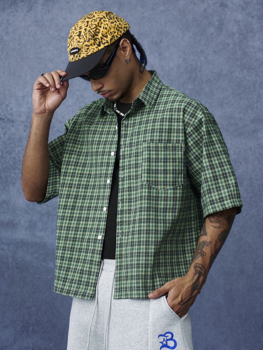 PAVTROS Men's Vintage Green Plaid Short Sleeve Shirt, Loose Casual Retro Daily Top - Green - View 1