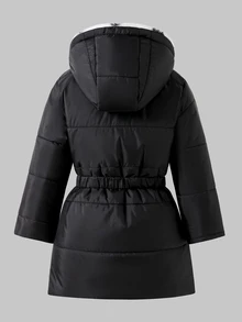 SHEIN 女童粉色雷射漸層愛心加厚加絨中長版連帽收腰夾克外套 - 黑色 - 查看 3