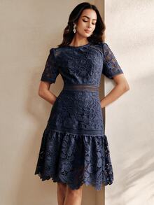 Anewsta New Party Summer Vacation Outfit Round Neck Short Sleeve Hollow Patchwork A-Line Skirt Exquisite Water-Soluble Lace Holiday Gathering Afternoon Tea Elegant Women's Dress - Navy Blue - View 4