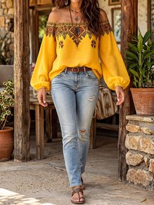 Linhara CURVE Women's Plus Size Off-Shoulder Printed Long Sleeve Blouse, Casual Commute Pastoral Top, Autumn/Winter Shirt Fall - Yellow - View 6