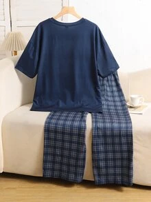 SHEIN 青少年女孩/大童女孩深藍色T恤配格紋直筒長褲睡衣套裝，居家休閒服，適合秋冬穿著 - 藏蓝色 - 查看 2