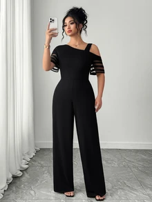 Selianne Women's Elegant One-Shoulder Short Sleeve Fitted Jumpsuit, Commute/Romantic/Vintage - Black - View 8