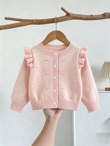SHEIN Elladie kids 女嬰開襟針織圓領開衫毛衣，純色粉色，甜美田園風，優雅可愛舒適簡約，百搭休閒時尚，適合秋冬冬季、旅行、戶外玩耍、運動、上學、野餐 - 粉色 - 查看 8