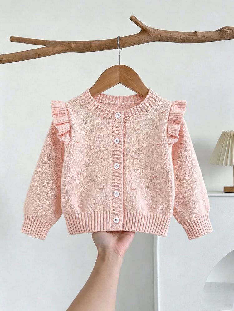 SHEIN Elladie kids Baby Girls Cardigans, Round Neck Knitted Sweater, Open Front, Solid Color, Pink, Sweet, Pastoral, Elegant, Cute, Comfortable, Simple, All-Match, Versatile, Casual, Fashion, Suitable For Winter, Autumn, Travel, Outdoor Play, Sports, School, Picnic - Pink - View 8