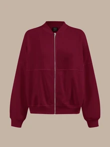 SHEIN BASICS 女款休閒純色針織立領長袖寬鬆外套，秋冬衣物 - 酒紅色 - 查看 3