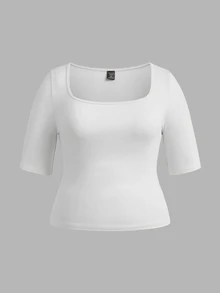SHEIN BASICS 3件裝休閒純色針織方領短袖修身大尺碼T恤 - 彩色 - 查看 7