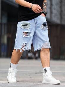 Manfinity LEGND Men's Summer Casual Washed Distressed Denim Shorts - Light Wash - View 4