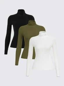SHEIN BASICS 3件組純色針織小高領直肩長袖修身女款內搭上衣 - 彩色 - 查看 3