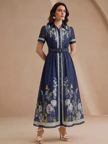 Anewsta Spring/Summer Navy Blue Premium Position Print Shirt-Style Tie-Front Short Sleeve Long Dress For Women - Navy Blue - View 5