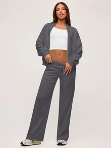 SHEIN BASICS 休閒純色針織立領長袖寬鬆女款夾克 秋冬服飾 - 深灰色 - 查看 7