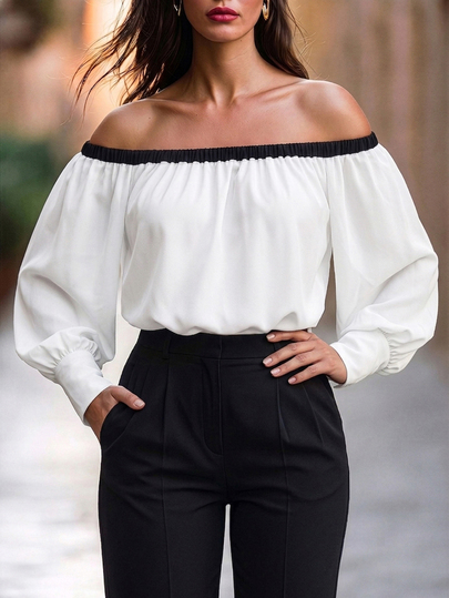 Velvienne Plus Size Women's Colorblock Ruched Off-Shoulder Top