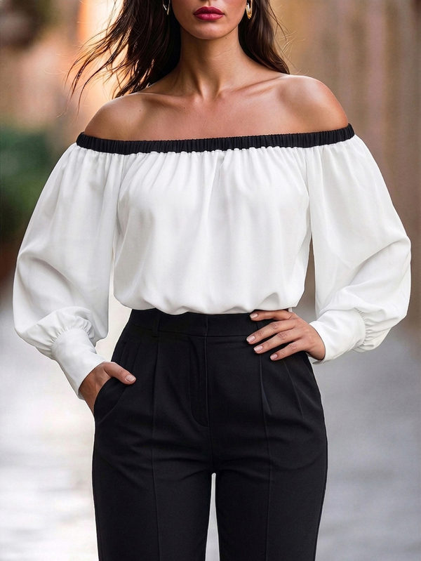 Velvienne Plus Size Women's Colorblock Ruched Off-Shoulder Top