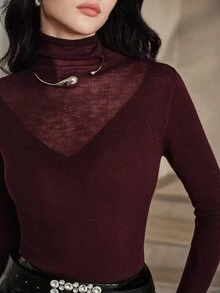 Anewsta ملابس علوية نسائية مثيرة بتصميم شبكي متباين وياقة عالية وأكمام واسعة، ملابس علوية داخلية بقصة ضيقة وإطلالة جذابة مناسبة للتنقل والمواعيد في فصلي الخريف والشتاء - Bold Plum - مشاهدة 7