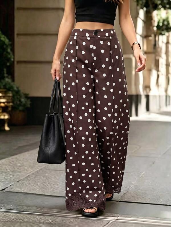 SHEIN PariChic Women's Brown Polka Dot Lace Hem Wide Leg Pants: Vintage High Waist Trousers For Spring, Fall, Offic