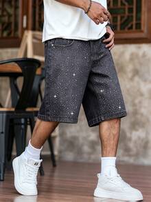 Manfinity EMRG Men's Loose Fit Rhinestone Embellished Denim Wide Leg Shorts With Pockets - Light Grey - View 3
